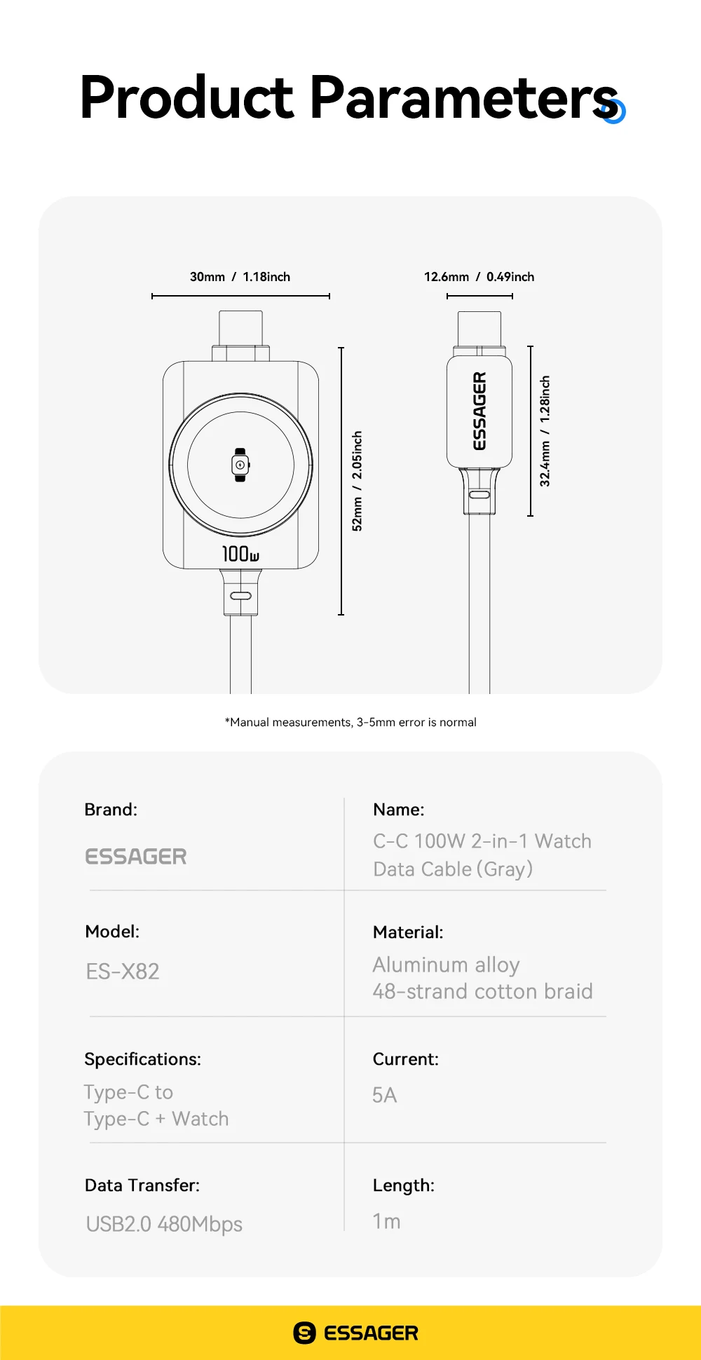 Essager 100W Fast Charging 2-in-1 Magnetic Cable for iPhone 17/16/15/14 Apple Watch Type-C to Type-C for Watch Charging