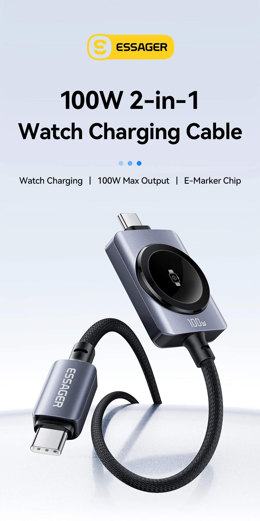 Essager 100W Fast Charging 2-in-1 Magnetic Cable for iPhone 17/16/15/14 Apple Watch Type-C to Type-C for Watch Charging