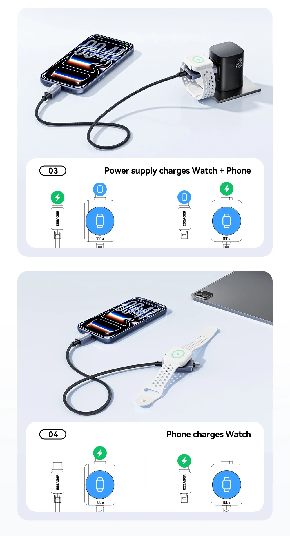 Essager 100W Fast Charging 2-in-1 Magnetic Cable for iPhone 17/16/15/14 Apple Watch Type-C to Type-C for Watch Charging