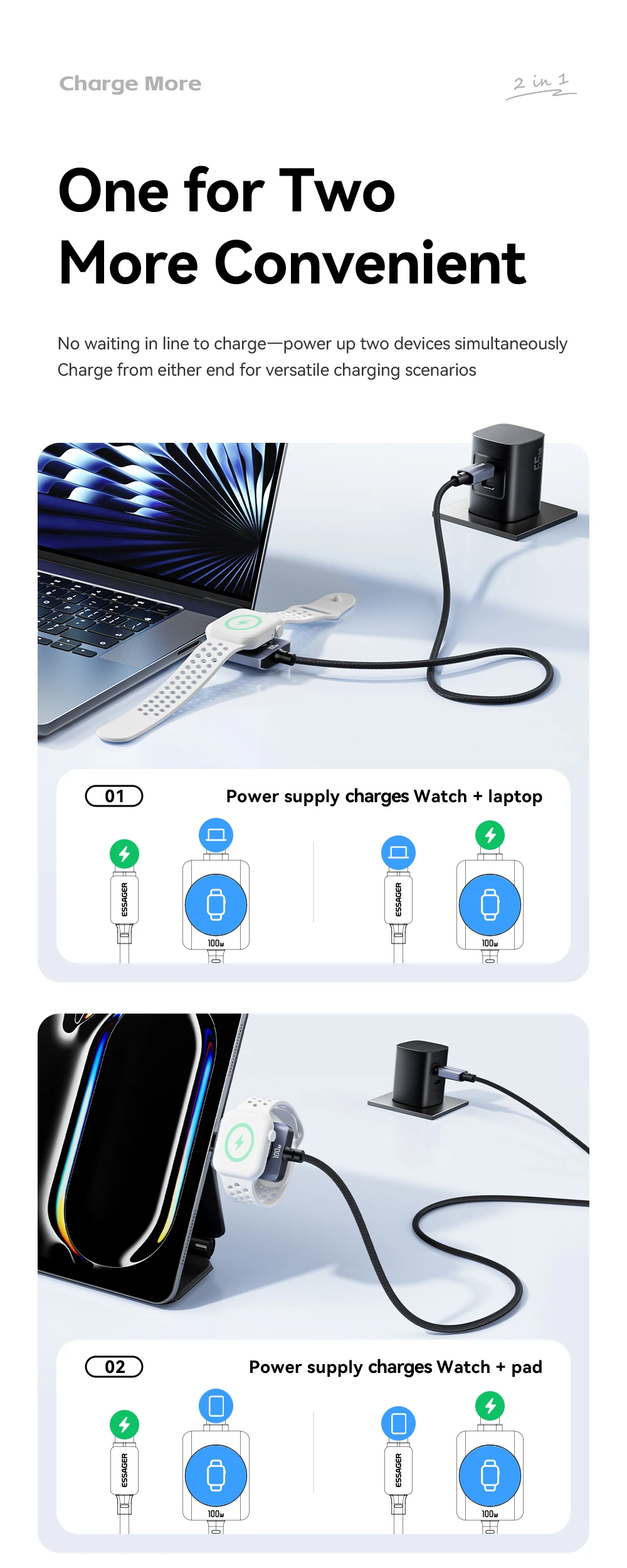 Essager 100W Fast Charging 2-in-1 Magnetic Cable for iPhone 17/16/15/14 Apple Watch Type-C to Type-C for Watch Charging