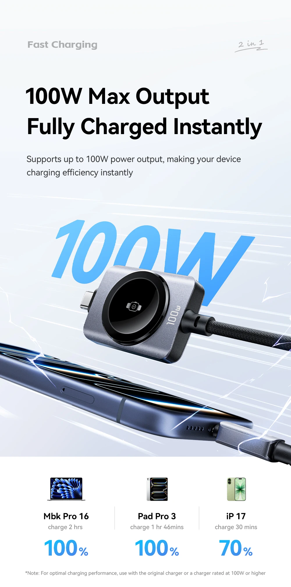 Essager 100W Fast Charging 2-in-1 Magnetic Cable for iPhone 17/16/15/14 Apple Watch Type-C to Type-C for Watch Charging
