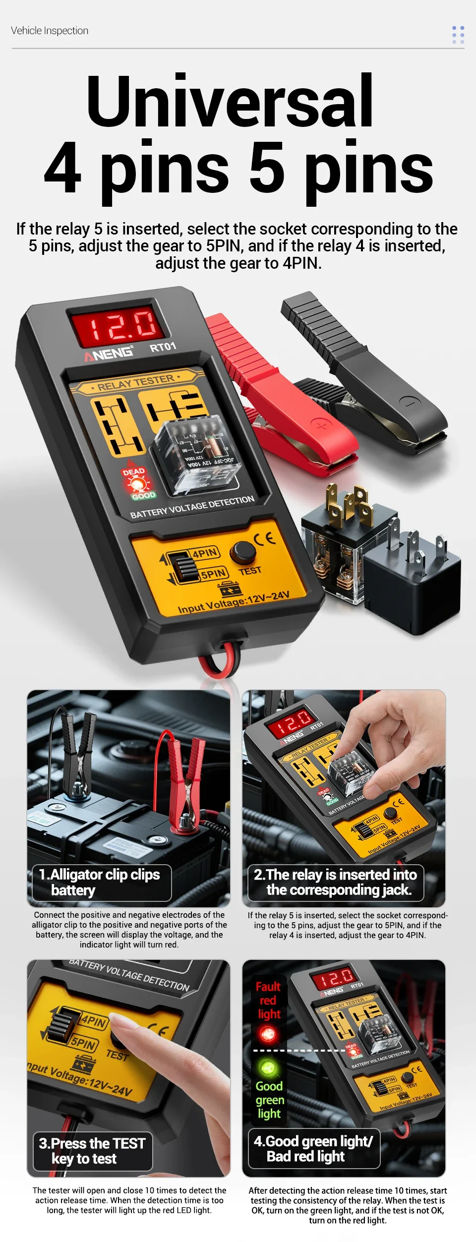 Relay Detector 11-25V ANENG RT01 Digital Universal 4/5 Pins Car Battery Vehicle Detection Digital Display Voltage Battery Tester