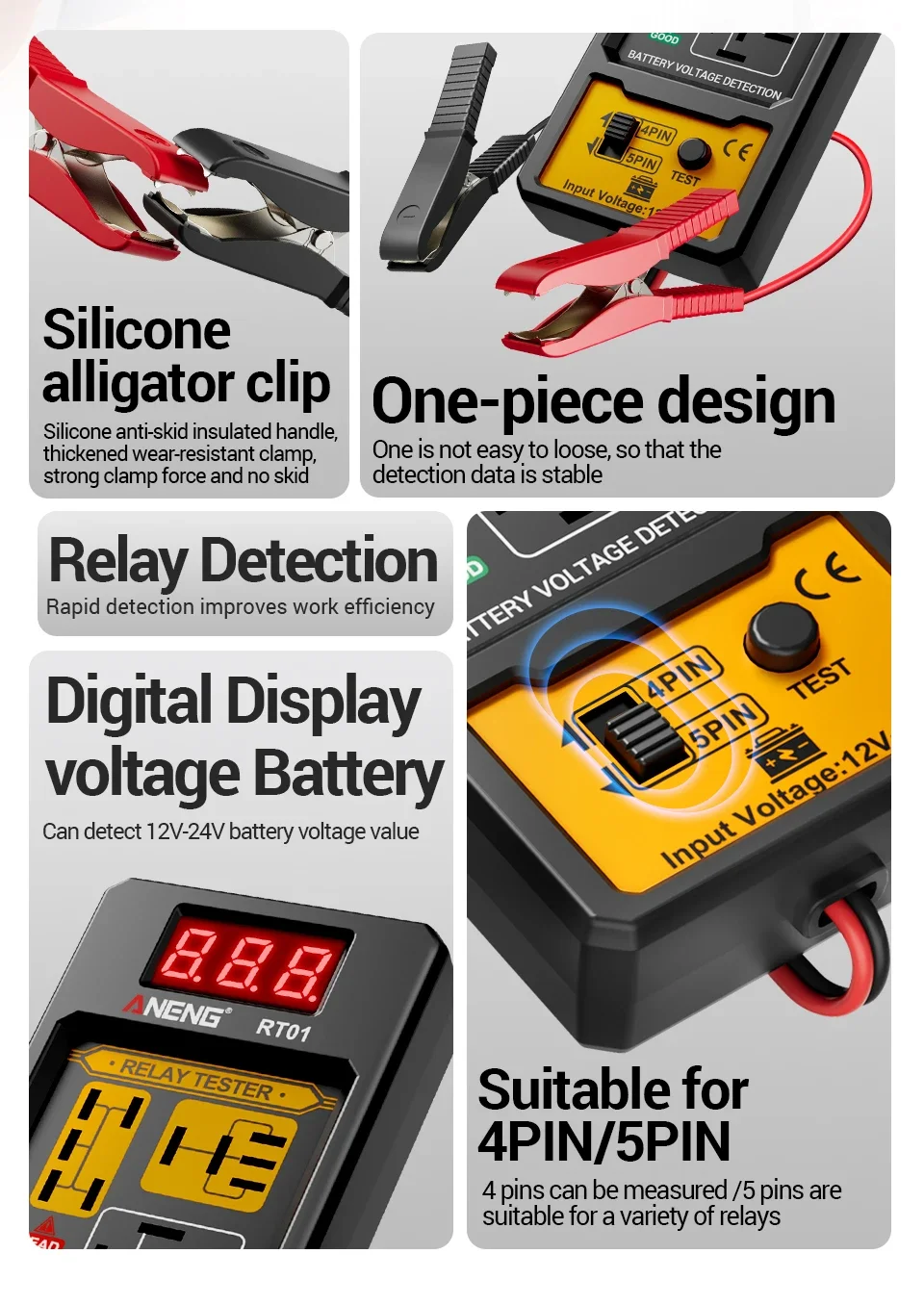 Relay Detector 11-25V ANENG RT01 Digital Universal 4/5 Pins Car Battery Vehicle Detection Digital Display Voltage Battery Tester