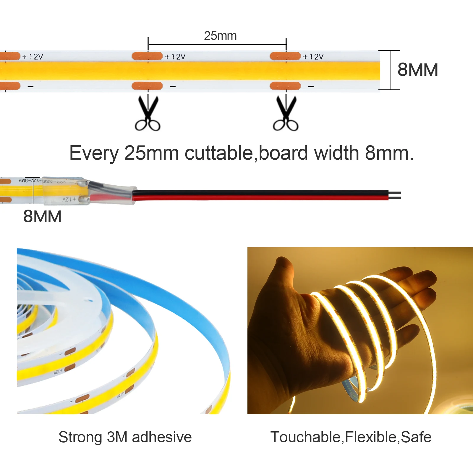 DC 12V COB LED Strip Light for Home Decor 3MM 5MM 8MM 0.5-5M 9 Color White/Red/Blue/Pink/Green Flexible Ribbon TV Backlight Rope