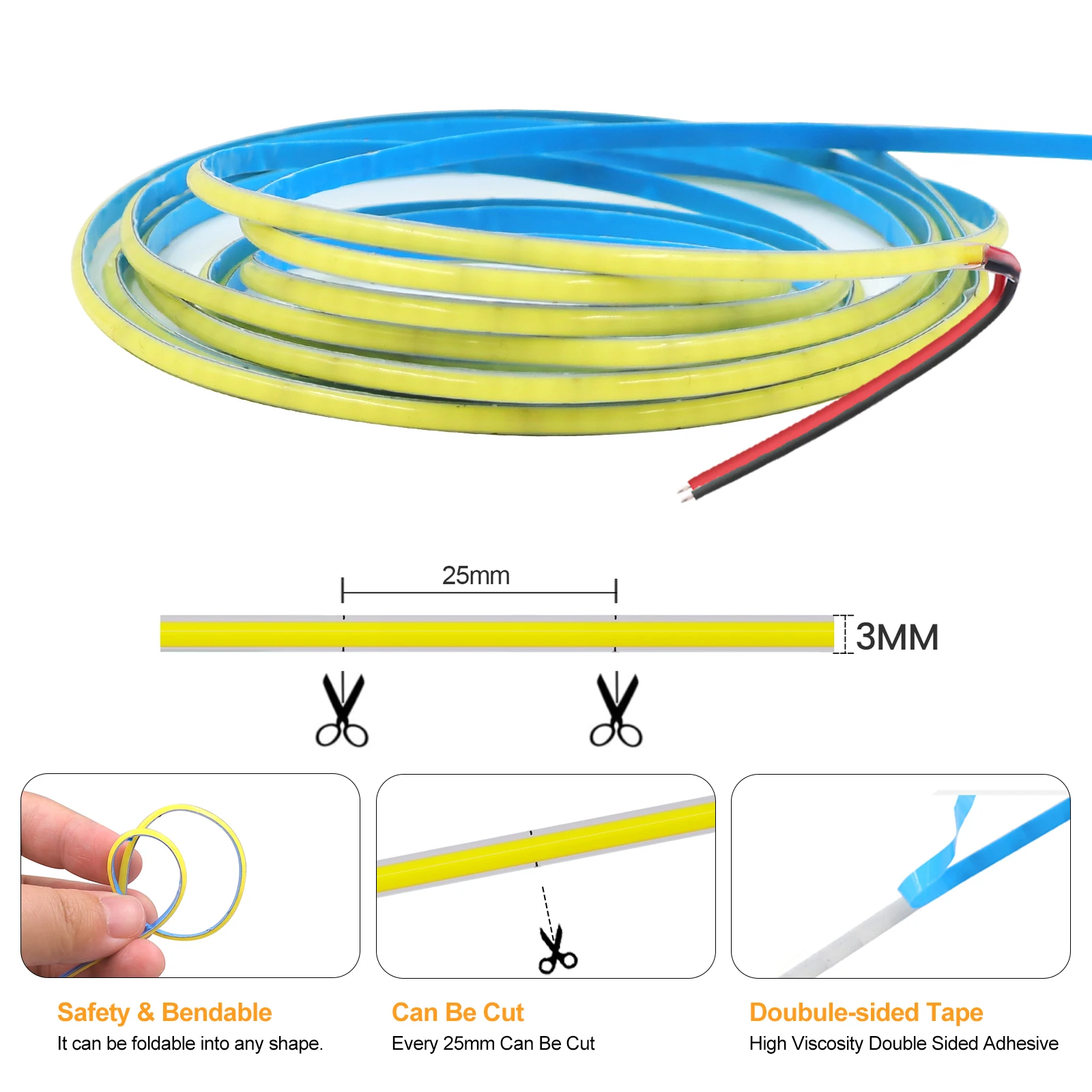 DC 12V COB LED Strip Light for Home Decor 3MM 5MM 8MM 0.5-5M 9 Color White/Red/Blue/Pink/Green Flexible Ribbon TV Backlight Rope