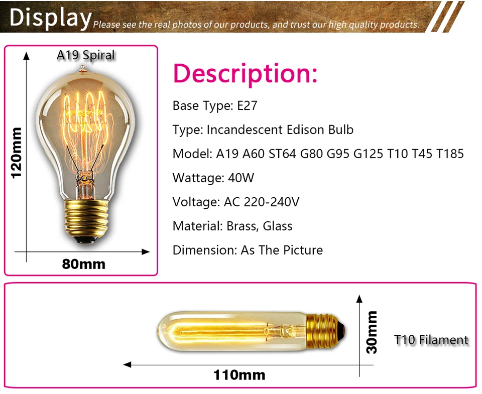 Retro Edison Light Bulb E27 40W 220V A60 ST64 G80 G95 T45 Incandescent Bulb Ampoule Vintage Edison Lamp Filament For Home Decor