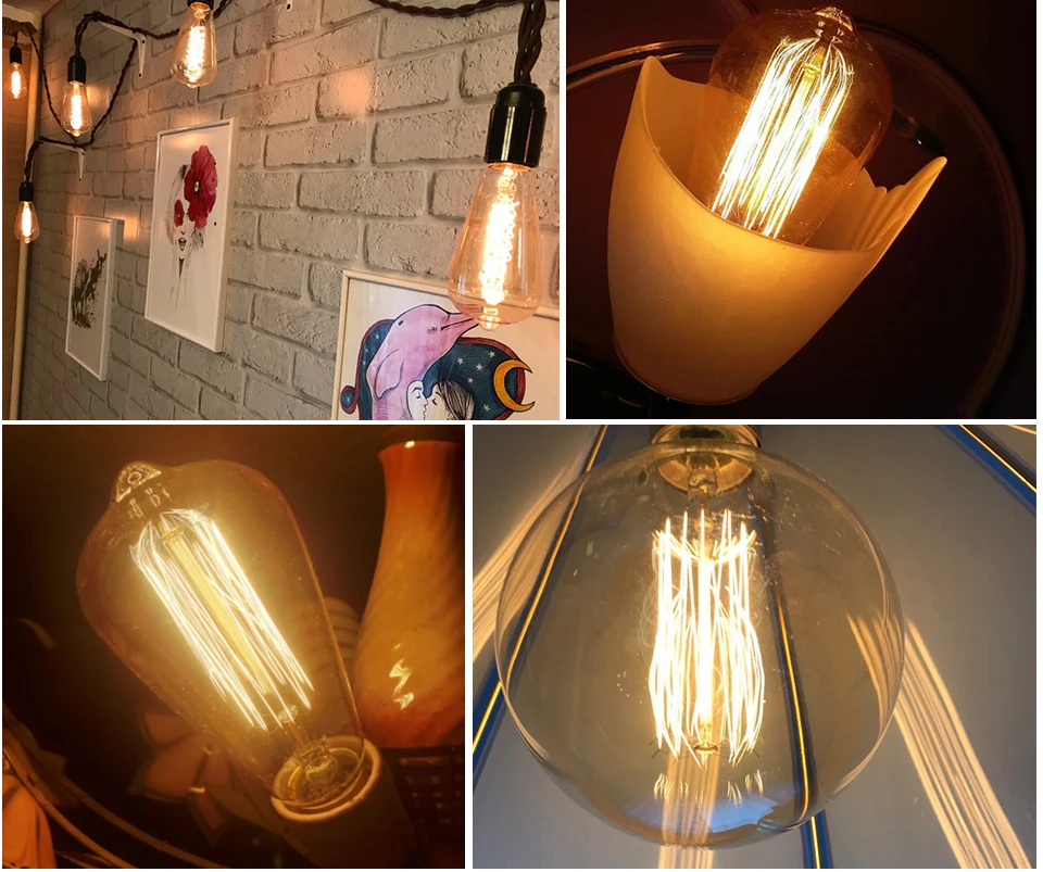 Retro Edison Light Bulb E27 40W 220V A60 ST64 G80 G95 T45 Incandescent Bulb Ampoule Vintage Edison Lamp Filament For Home Decor