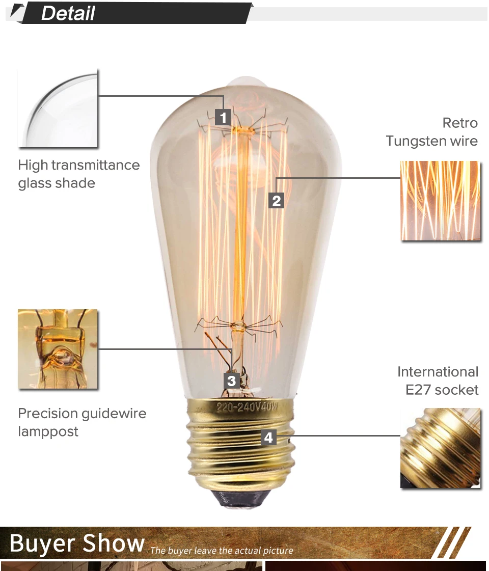 Retro Edison Light Bulb E27 40W 220V A60 ST64 G80 G95 T45 Incandescent Bulb Ampoule Vintage Edison Lamp Filament For Home Decor