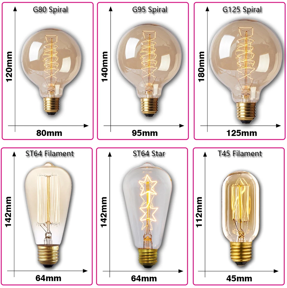 Retro Edison Light Bulb E27 40W 220V A60 ST64 G80 G95 T45 Incandescent Bulb Ampoule Vintage Edison Lamp Filament For Home Decor