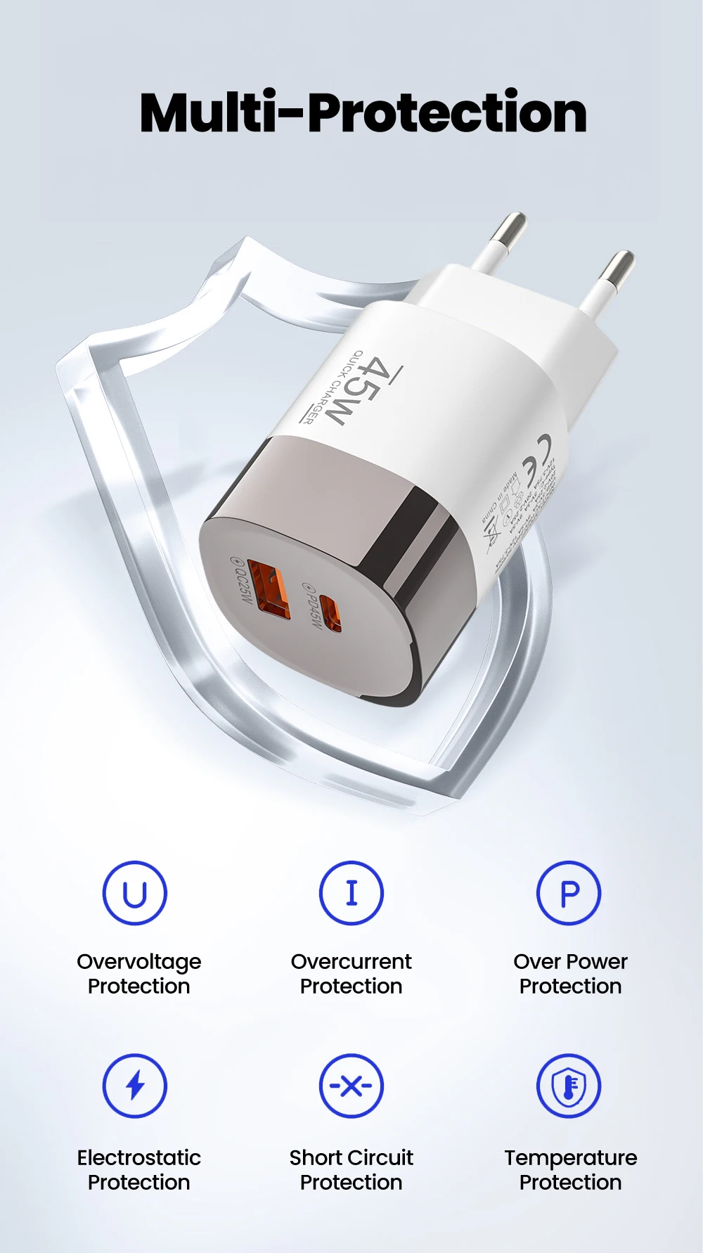 Elough 45W USB Type C Phone Charger Super Fast Charge 2 Port Wall Charger USB PD Adapter For iPhone Realme Huawei USB C cargador