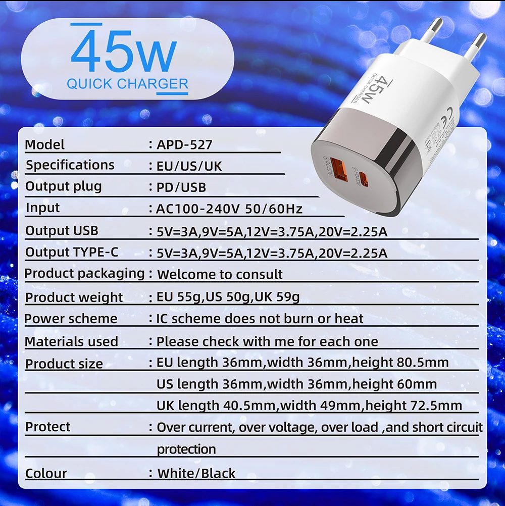 Elough 45W USB Type C Phone Charger Super Fast Charge 2 Port Wall Charger USB PD Adapter For iPhone Realme Huawei USB C cargador