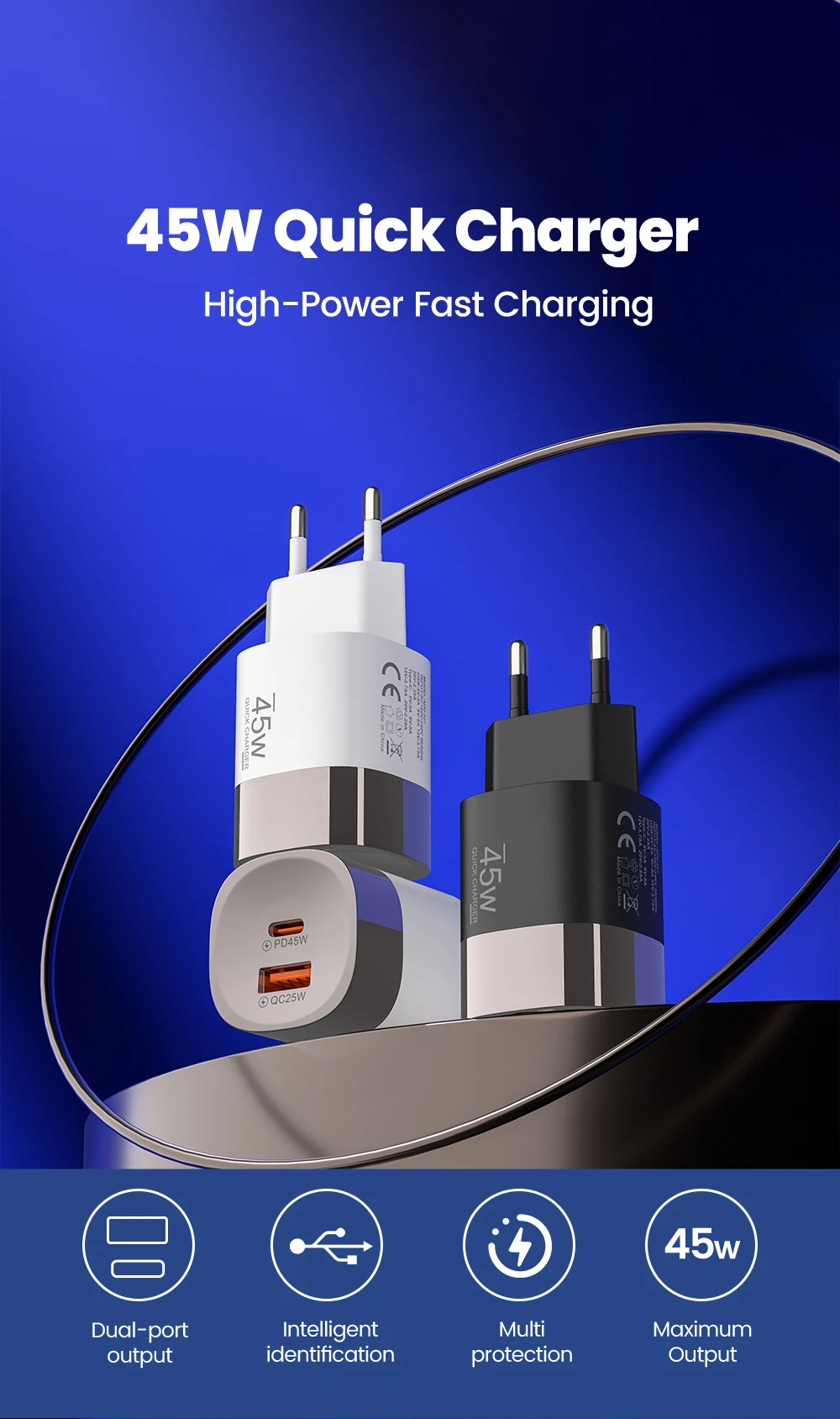 Elough 45W USB Type C Phone Charger Super Fast Charge 2 Port Wall Charger USB PD Adapter For iPhone Realme Huawei USB C cargador