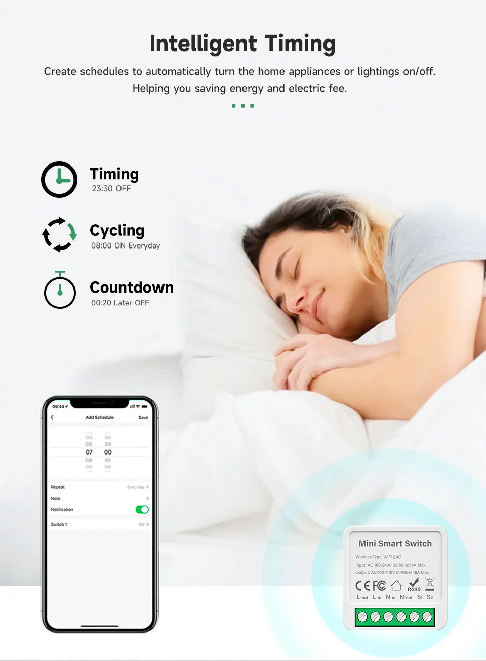 Tuya Smart WiFi Switch Module 16A 2-Way Control Mini Breaker Light Switch Timer Remote Control Compatible With Alexa Google