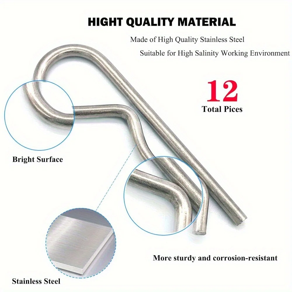 12PCS, 304 Stainless Steel Stool Nail R-Clip, Anti-Corrosion and Rust Proof, Industrial Fixed Trailer Locking System Accessories