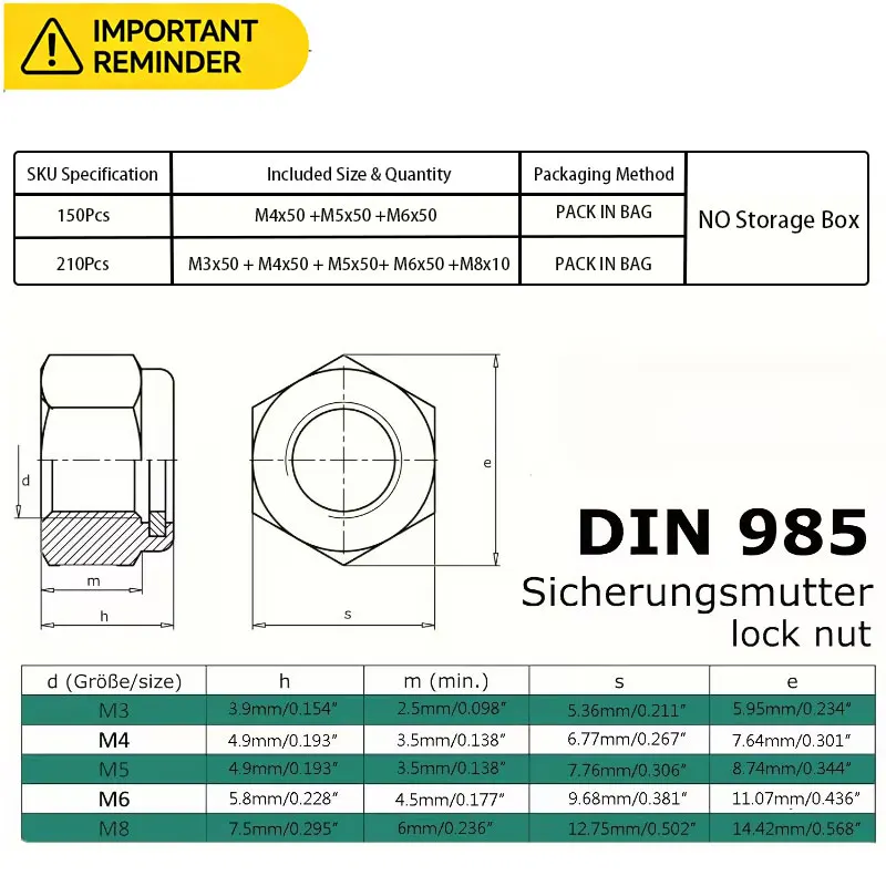 210/150pcs Stainless Steel Hex Lock Nuts, Anti-Slip Self-Locking M3-M8/M4-M6 Assortment for Industrial/Construction/Automotive