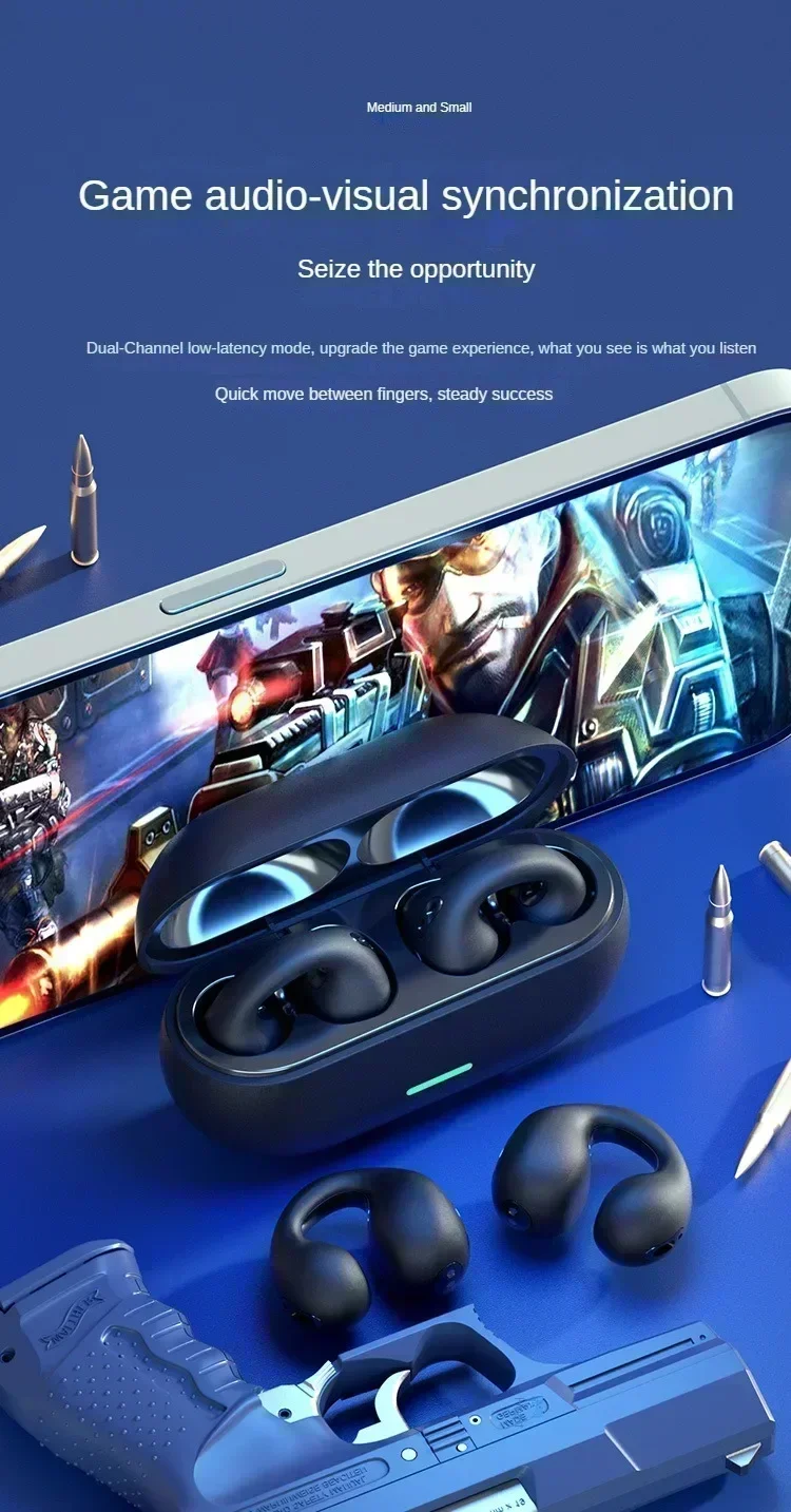 TWS Bluetooth Headset 5.3 Wireless Air Conduction Headphones Clip Ear Music Noise Canceling HD Call Sports Gaming Earphone
