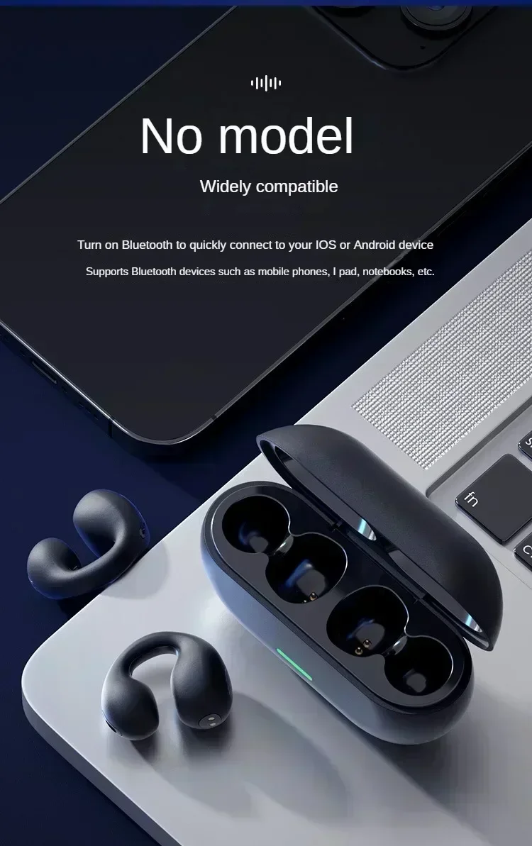 TWS Bluetooth Headset 5.3 Wireless Air Conduction Headphones Clip Ear Music Noise Canceling HD Call Sports Gaming Earphone