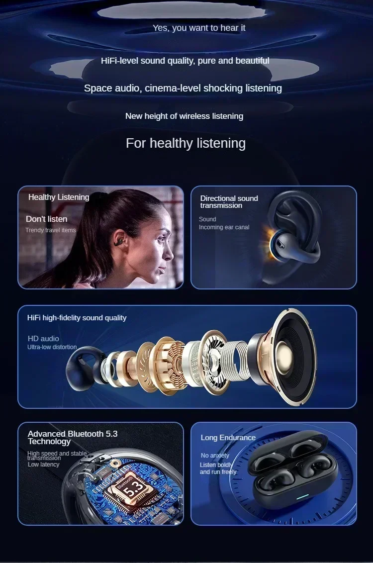 TWS Bluetooth Headset 5.3 Wireless Air Conduction Headphones Clip Ear Music Noise Canceling HD Call Sports Gaming Earphone