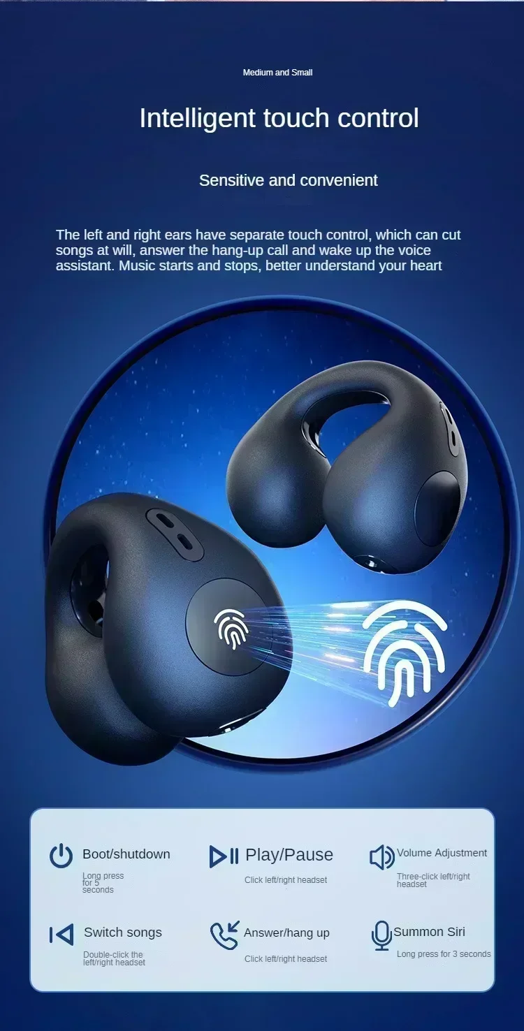TWS Bluetooth Headset 5.3 Wireless Air Conduction Headphones Clip Ear Music Noise Canceling HD Call Sports Gaming Earphone