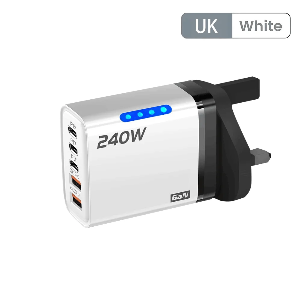 5 in 1 GaN USB C Desktop Charger 240W Fast Charge Phone Adapter 10A Type C Cable For iPhone Samsung Xiaomi EU/US/UK Plug Charger