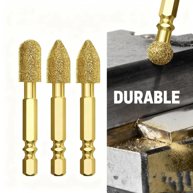3pcs Diamond Grinding Head Tile Rotary File Polishing Head for Iron, Stainless Steel, Ceramic, Tile, Fits Drill