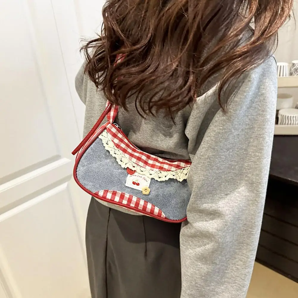 Fashion Grid Women Bag Lace Ribbon Stretchable Shoulder Strap Single Shoulder Underarm Bag Daily Commuting Student Handbag