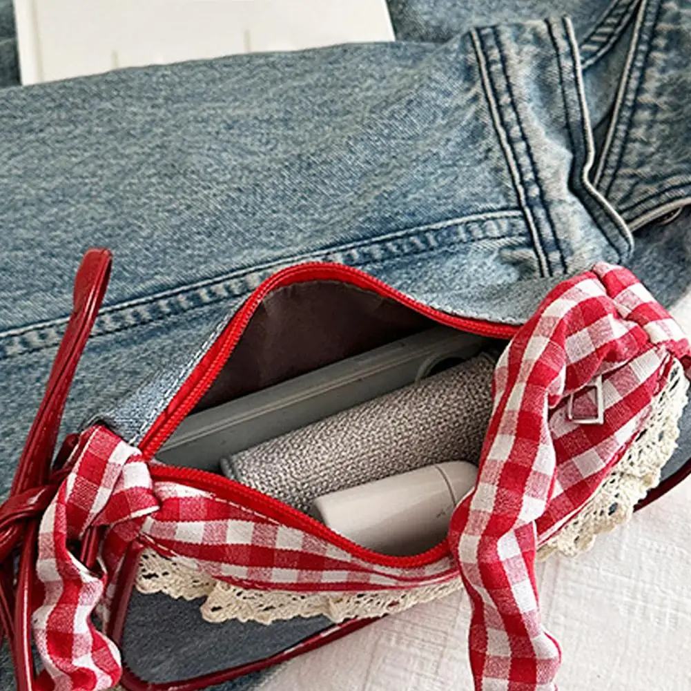 Fashion Grid Women Bag Lace Ribbon Stretchable Shoulder Strap Single Shoulder Underarm Bag Daily Commuting Student Handbag