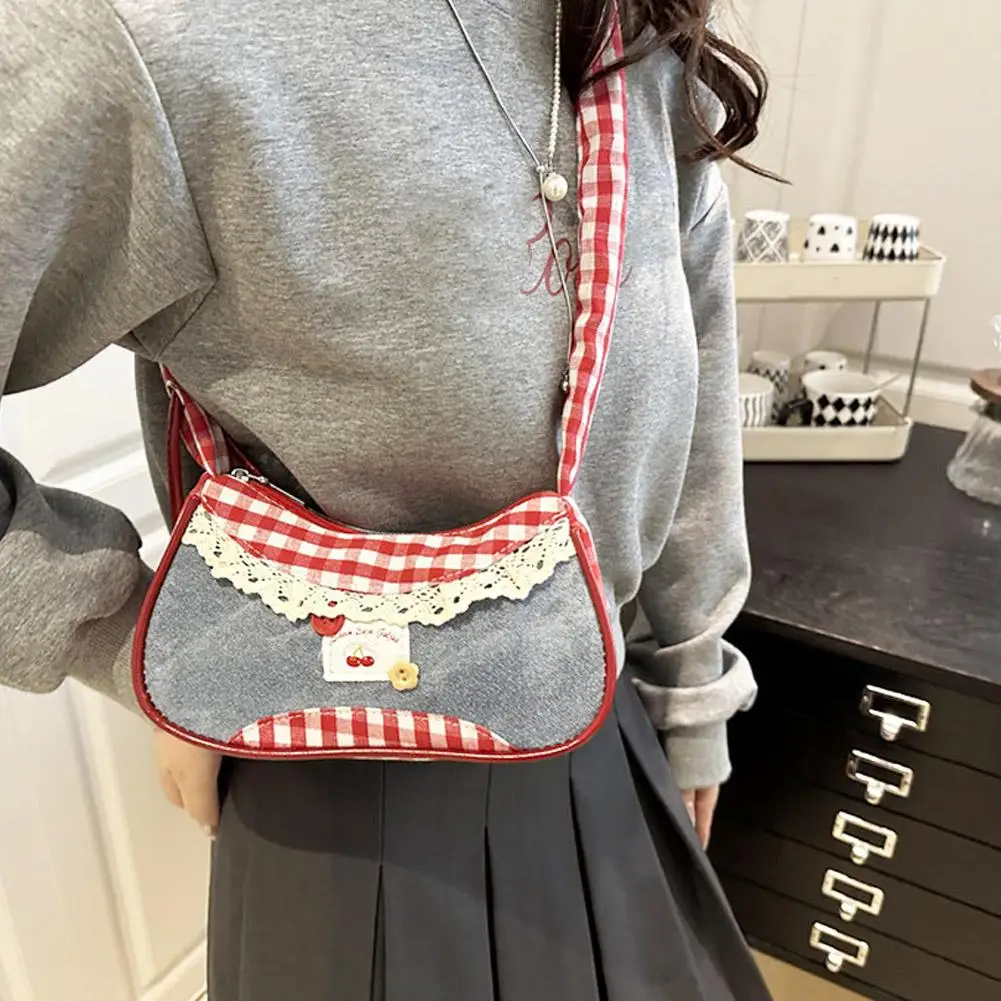 Fashion Grid Women Bag Lace Ribbon Stretchable Shoulder Strap Single Shoulder Underarm Bag Daily Commuting Student Handbag