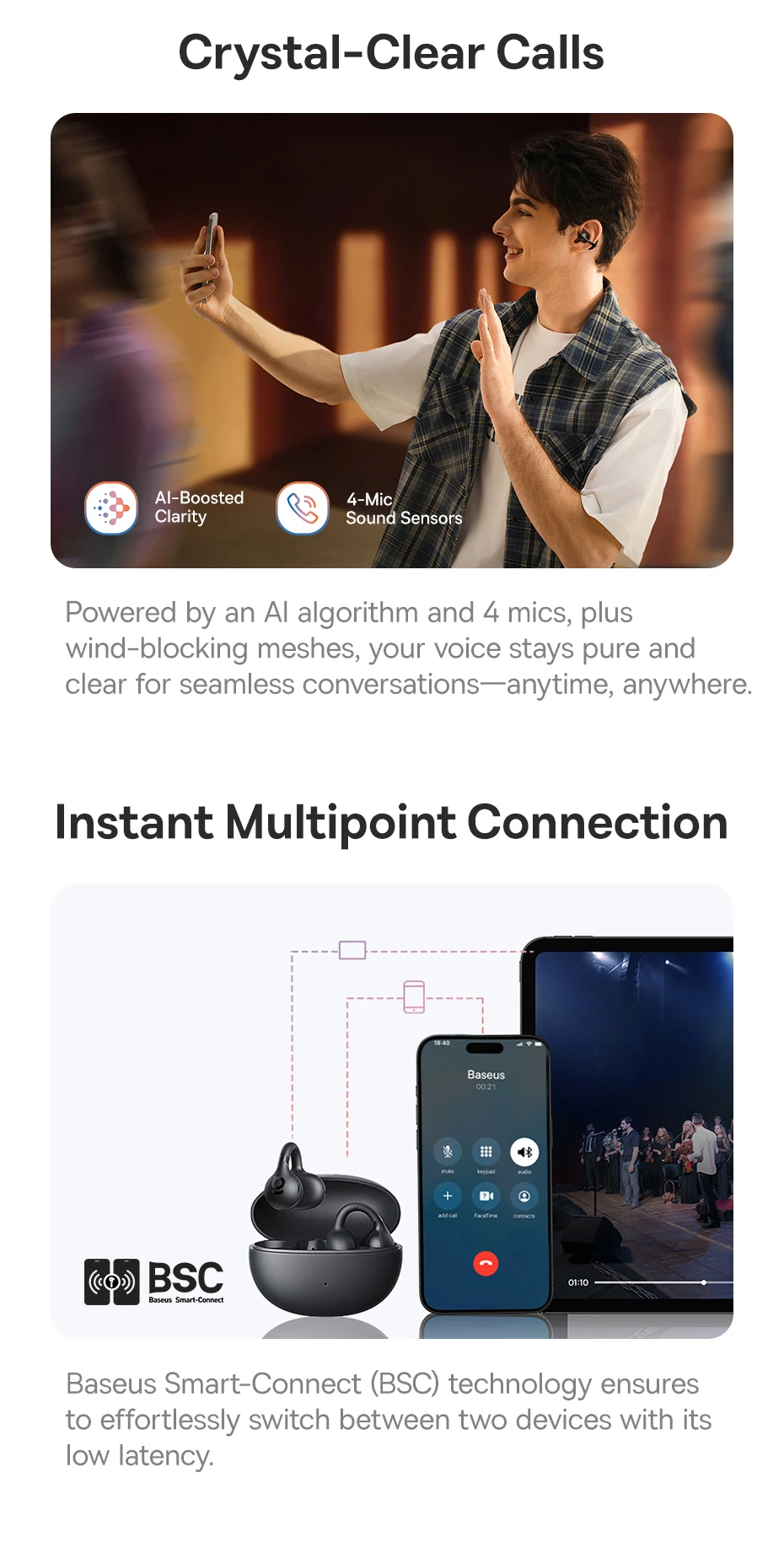 Baseus BC1 Ear Clip Earbuds Open Ear Wireless Earphones Bluetooth 6.0 Clip On Sports Headphones 4-Mics Super Bass IP55 Ear buds