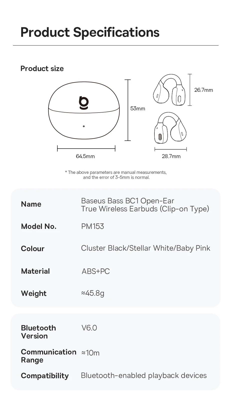 Baseus BC1 Ear Clip Earbuds Open Ear Wireless Earphones Bluetooth 6.0 Clip On Sports Headphones 4-Mics Super Bass IP55 Ear buds