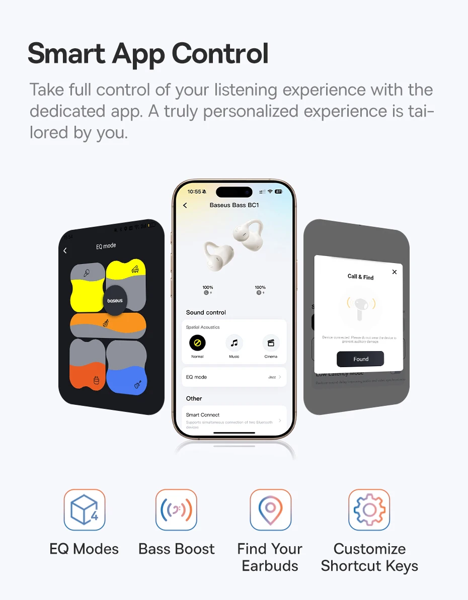 Baseus BC1 Ear Clip Earbuds Open Ear Wireless Earphones Bluetooth 6.0 Clip On Sports Headphones 4-Mics Super Bass IP55 Ear buds