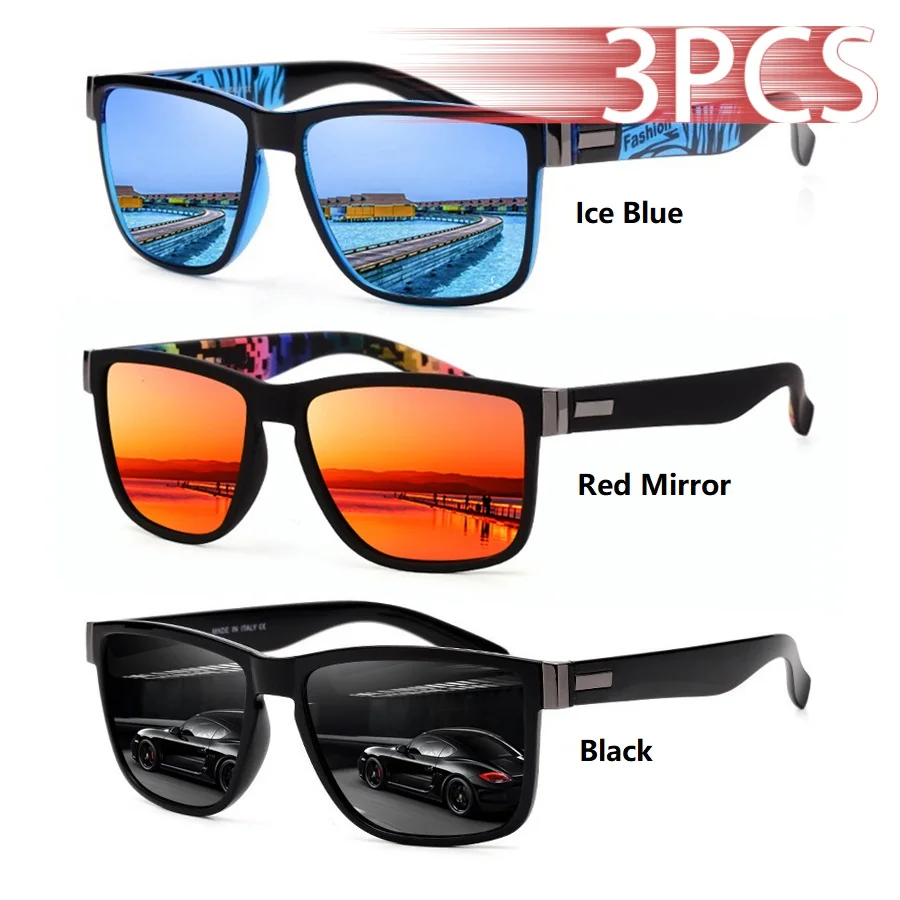 3PCS Fashion Classic Square UV400 Sunglasses Men Women Driving Fishing Colorful Trendy Lightweight Outdoor Goggles