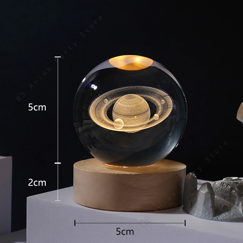 Unique 3D Crystal Ball Night Light Led Lamp Bedside Table Glowing Galaxy Lamp Saturn Planets Moon Birthday Gift Toy 5cm