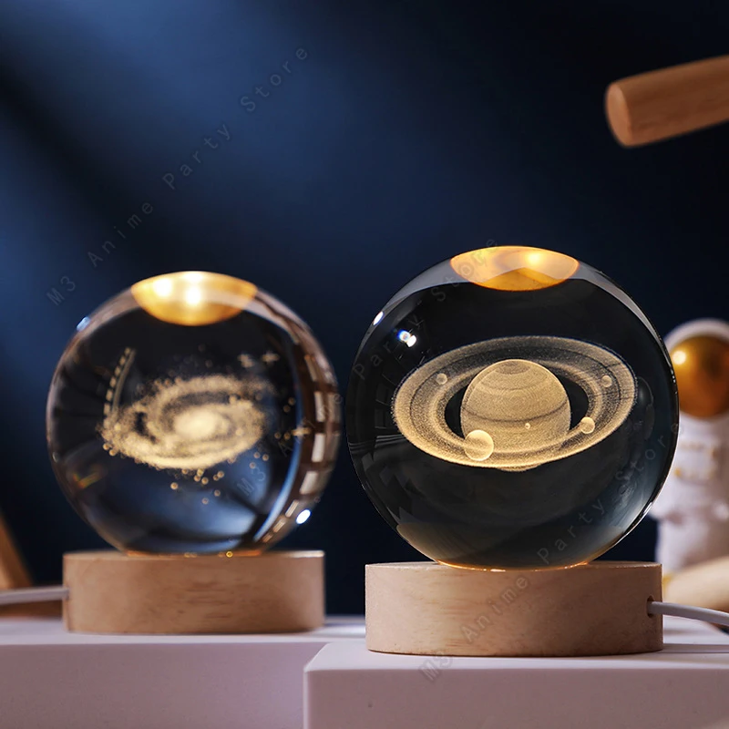 Unique 3D Crystal Ball Night Light Led Lamp Bedside Table Glowing Galaxy Lamp Saturn Planets Moon Birthday Gift Toy 5cm