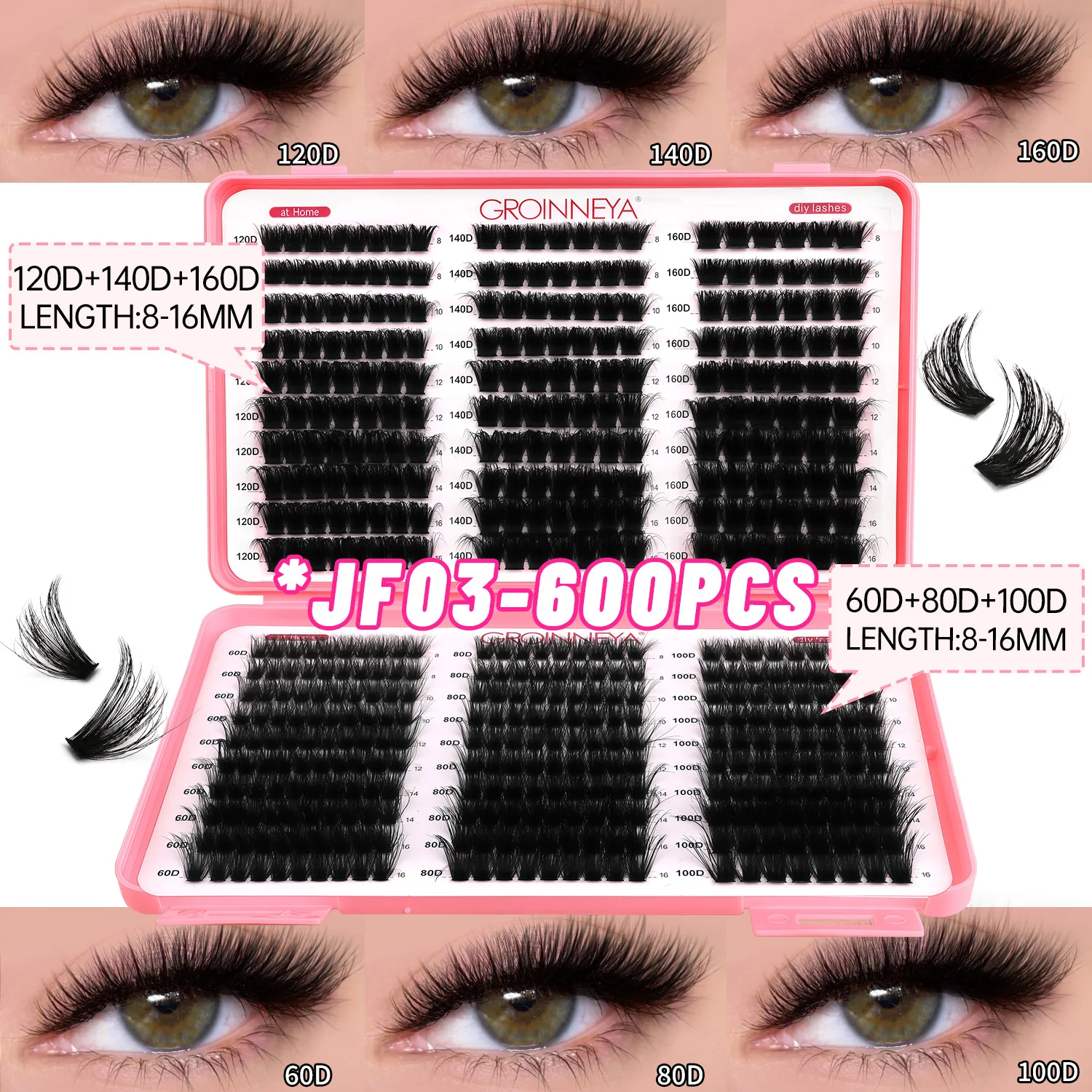 GROINNEYA Lashes Cluster DIY Lash Extension Mixed Tray Clusters Eyelashes Fluffy Volume Individual Lashes Cat Eye Lash Extension