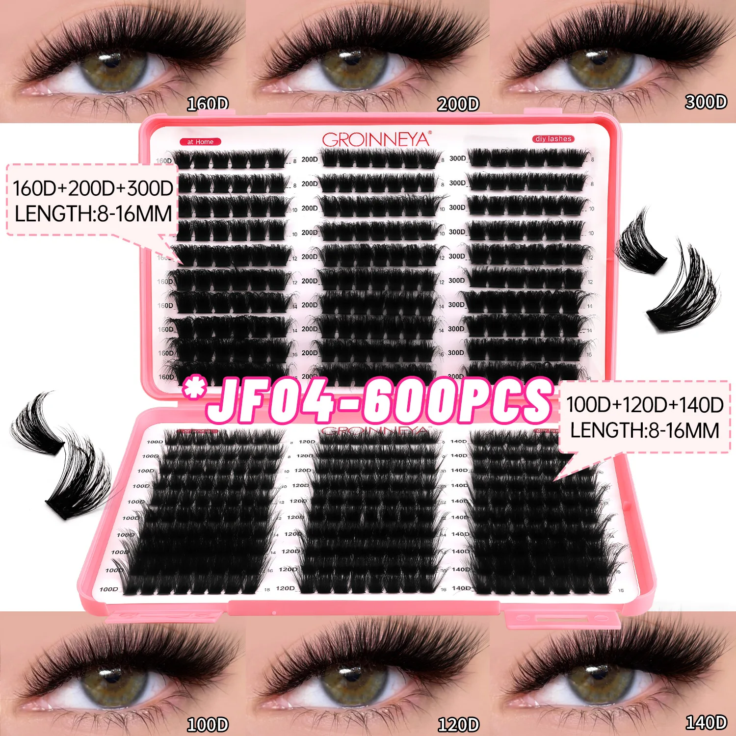 GROINNEYA Lashes Cluster DIY Lash Extension Mixed Tray Clusters Eyelashes Fluffy Volume Individual Lashes Cat Eye Lash Extension