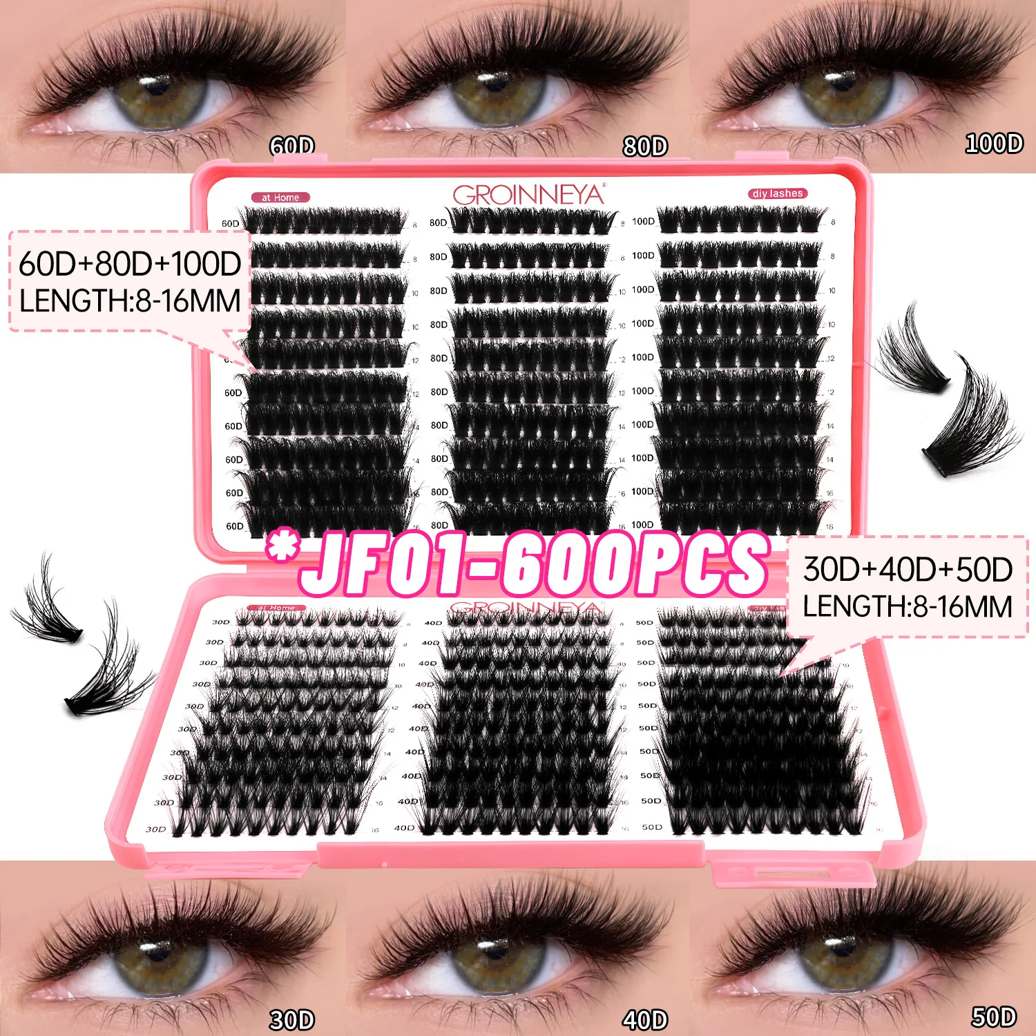 GROINNEYA Lashes Cluster DIY Lash Extension Mixed Tray Clusters Eyelashes Fluffy Volume Individual Lashes Cat Eye Lash Extension