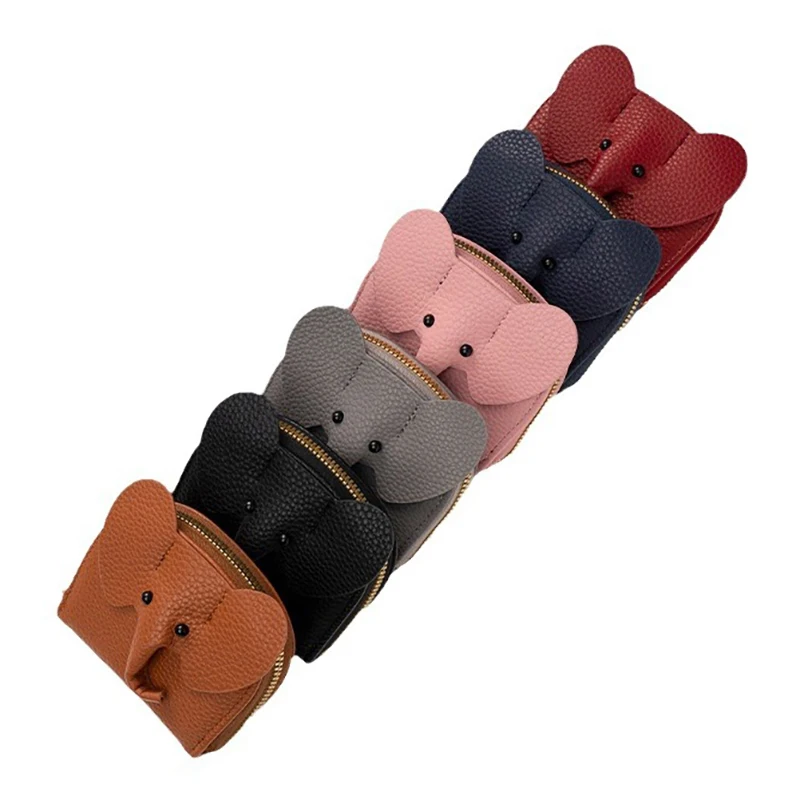 Business Card Holder Female Cow Leather Credit Card Wallet Elephant Pattern Zipper Change Small Bag Women Bank Credit Card Case