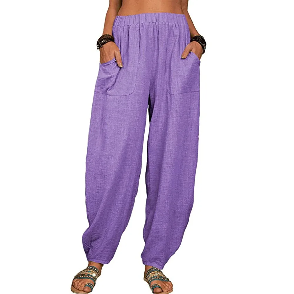 Women Cotton Pants Summer Casual Vintage Pockets Thin Beach Trousers Female Elastic Waist Wide Leg Retro Loose Harem Pants