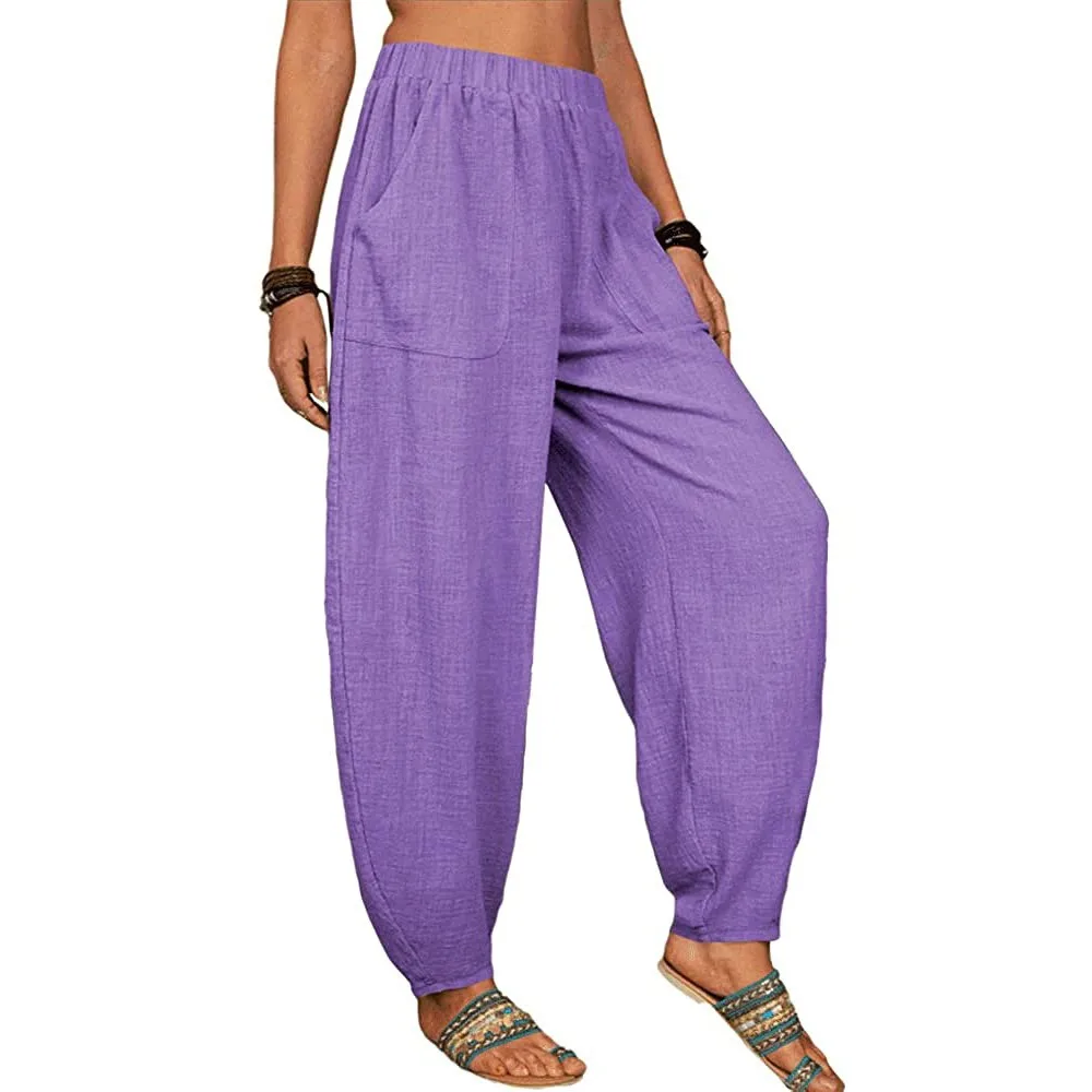 Women Cotton Pants Summer Casual Vintage Pockets Thin Beach Trousers Female Elastic Waist Wide Leg Retro Loose Harem Pants