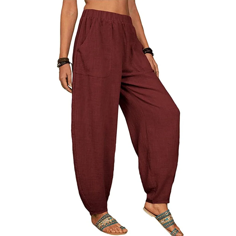 Women Cotton Pants Summer Casual Vintage Pockets Thin Beach Trousers Female Elastic Waist Wide Leg Retro Loose Harem Pants