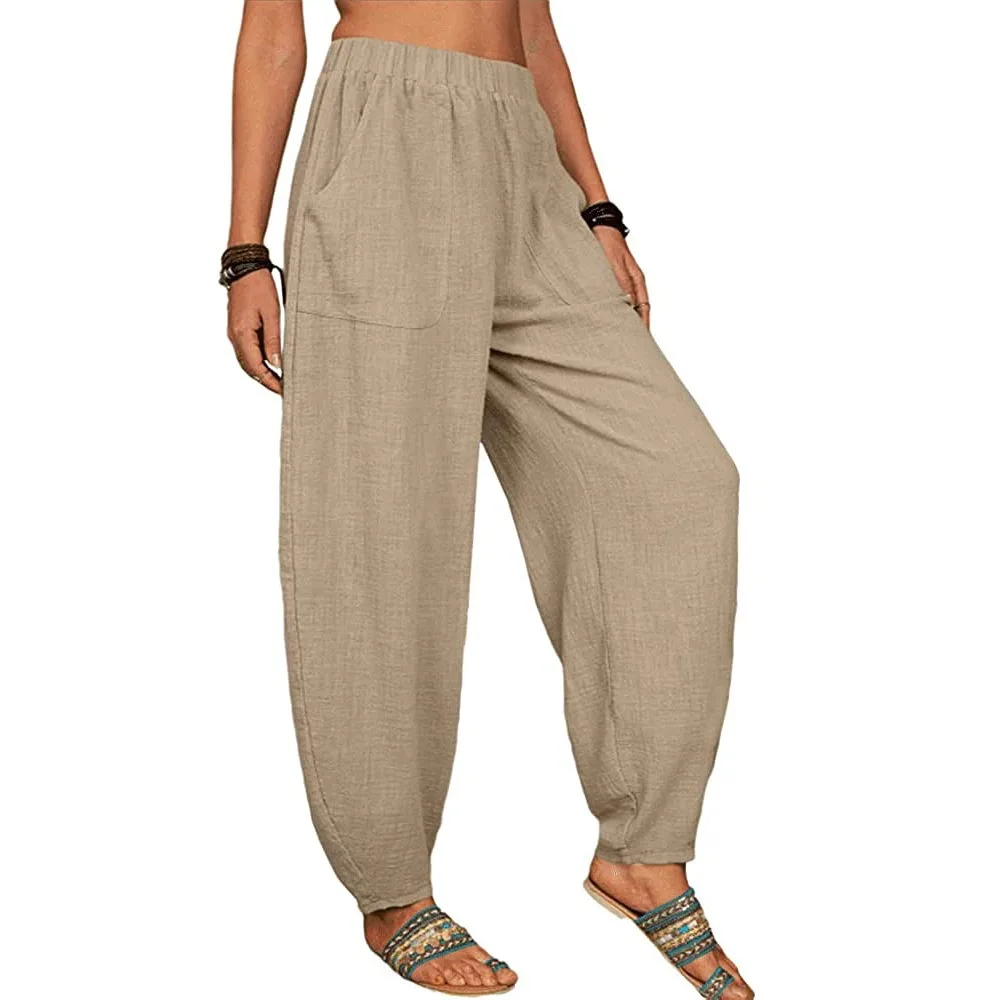 Women Cotton Pants Summer Casual Vintage Pockets Thin Beach Trousers Female Elastic Waist Wide Leg Retro Loose Harem Pants