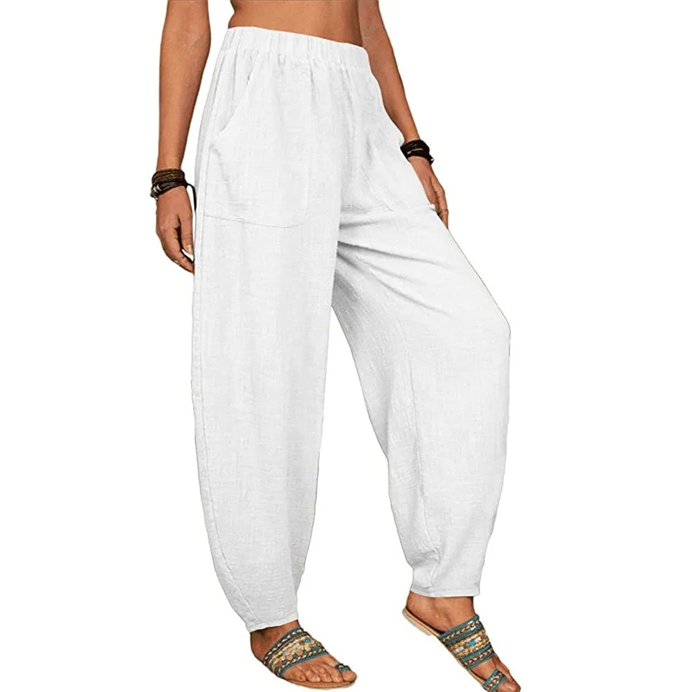 Women Cotton Pants Summer Casual Vintage Pockets Thin Beach Trousers Female Elastic Waist Wide Leg Retro Loose Harem Pants