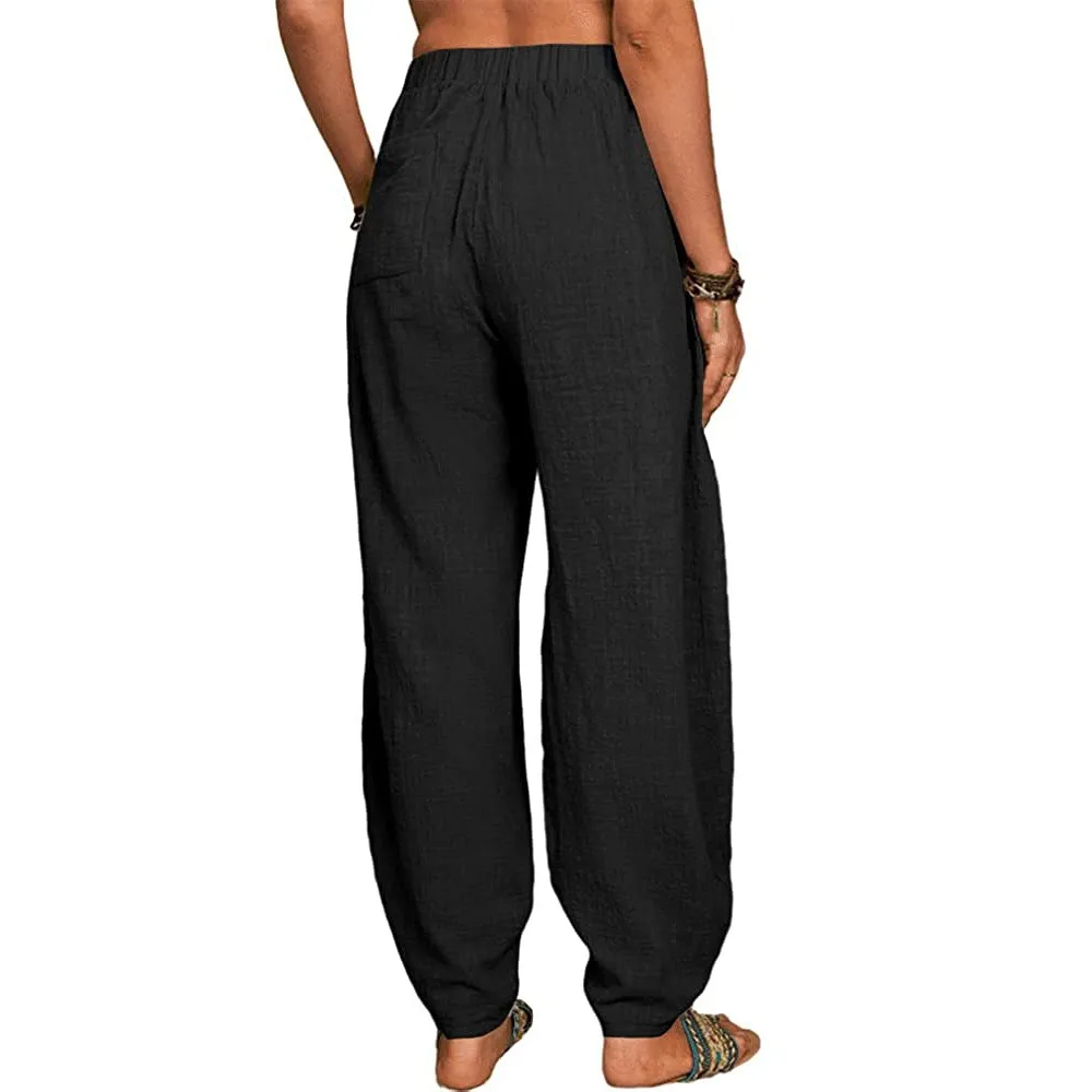 Women Cotton Pants Summer Casual Vintage Pockets Thin Beach Trousers Female Elastic Waist Wide Leg Retro Loose Harem Pants