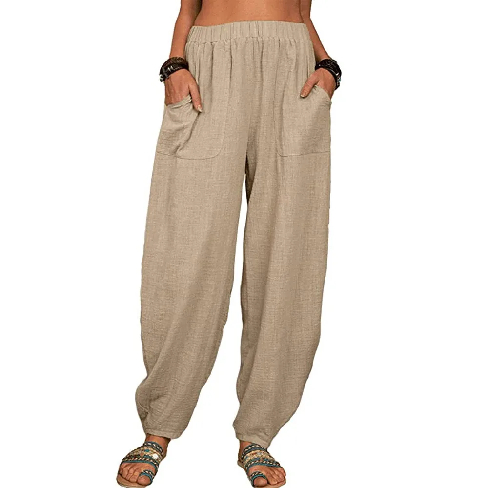 Women Cotton Pants Summer Casual Vintage Pockets Thin Beach Trousers Female Elastic Waist Wide Leg Retro Loose Harem Pants