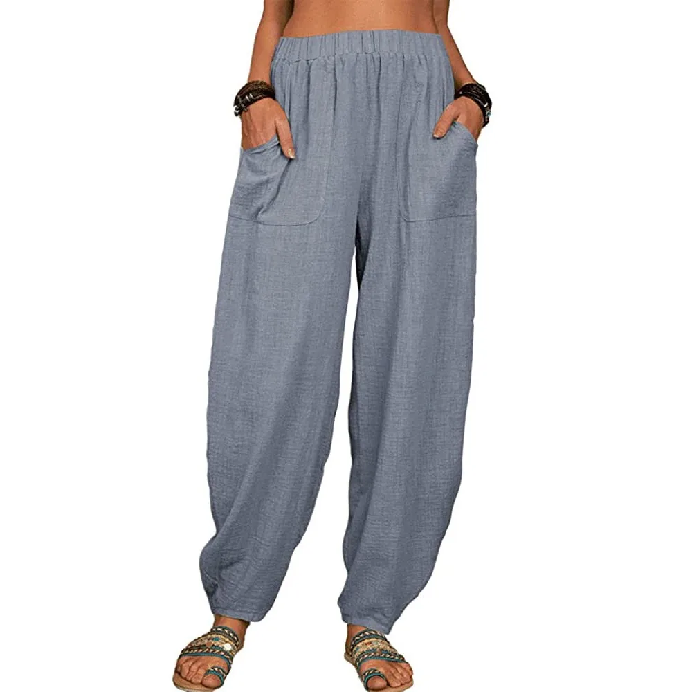 Women Cotton Pants Summer Casual Vintage Pockets Thin Beach Trousers Female Elastic Waist Wide Leg Retro Loose Harem Pants
