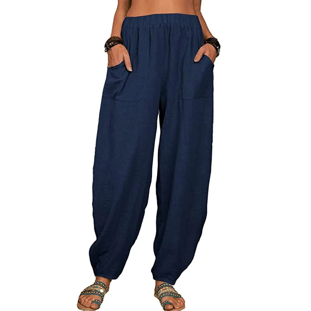 Women Cotton Pants Summer Casual Vintage Pockets Thin Beach Trousers Female Elastic Waist Wide Leg Retro Loose Harem Pants
