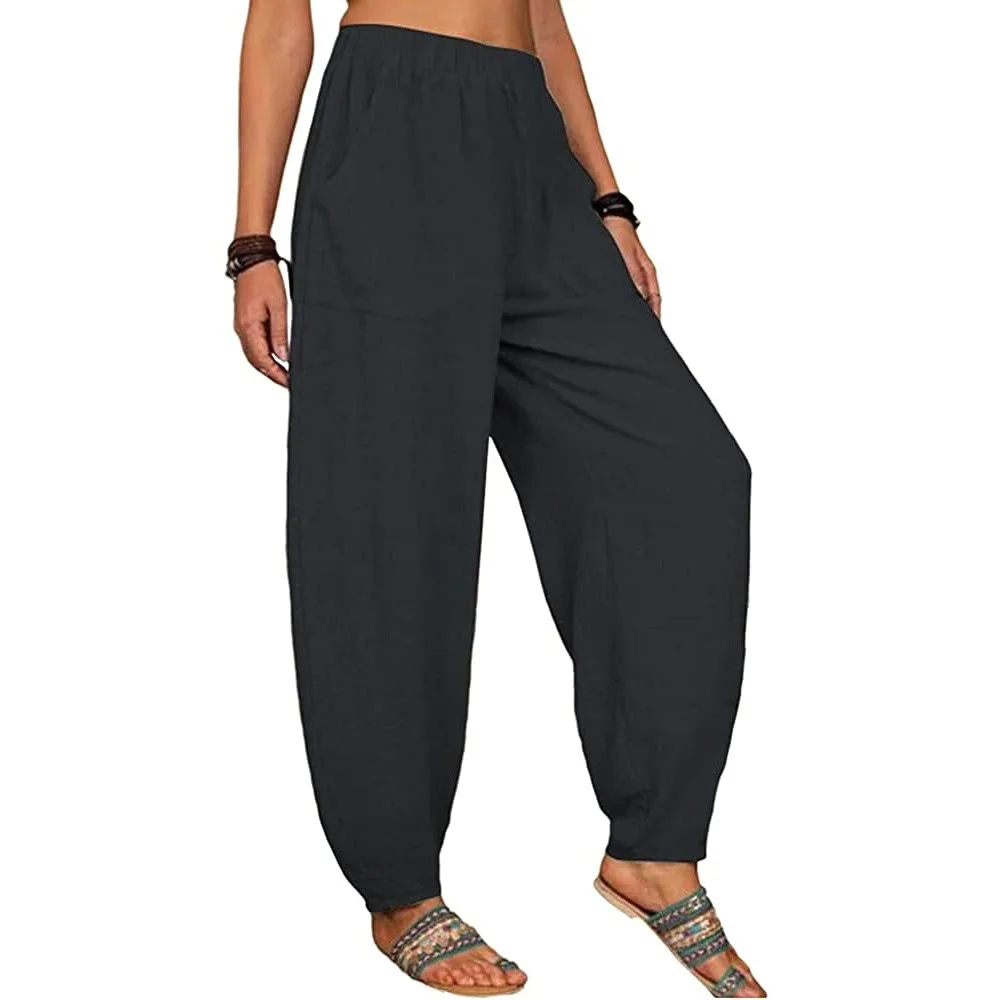 Women Cotton Pants Summer Casual Vintage Pockets Thin Beach Trousers Female Elastic Waist Wide Leg Retro Loose Harem Pants