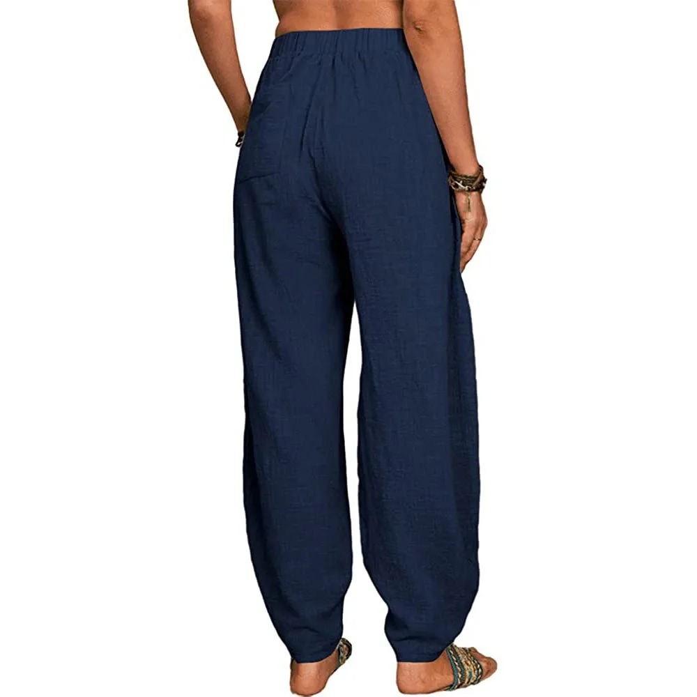 Women Cotton Pants Summer Casual Vintage Pockets Thin Beach Trousers Female Elastic Waist Wide Leg Retro Loose Harem Pants