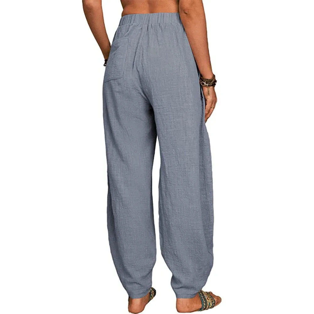 Women Cotton Pants Summer Casual Vintage Pockets Thin Beach Trousers Female Elastic Waist Wide Leg Retro Loose Harem Pants